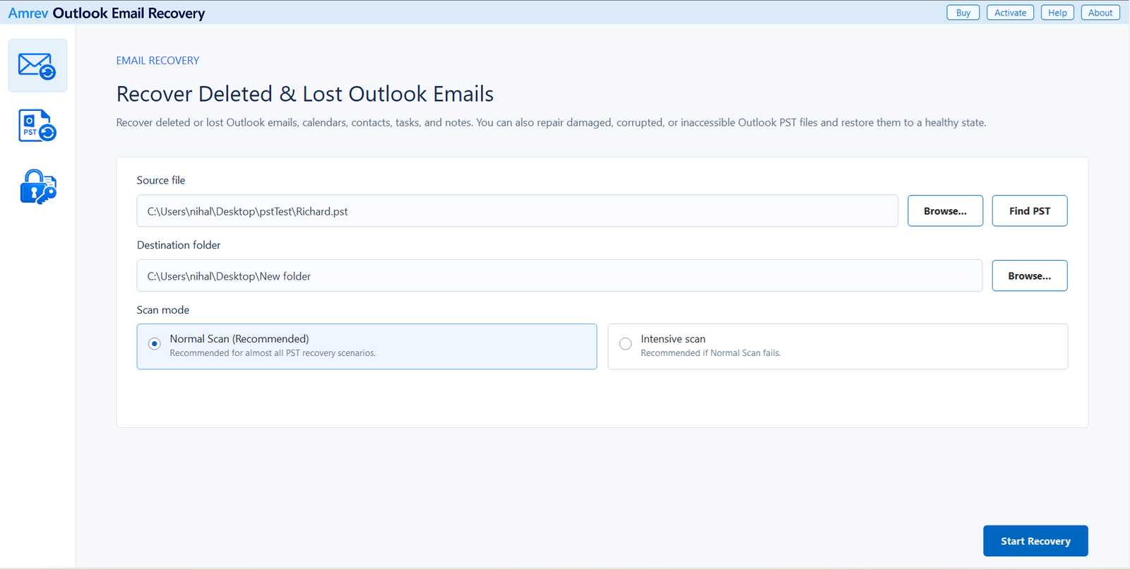 Selecting the Outlook PST, destination folder, and scan mode in Amrev Outlook Email Recovery